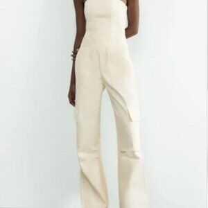 Zara Cargo Wide Leg Long Jumpsuit Strapless Utility. White/Light Cream. Brand Ne